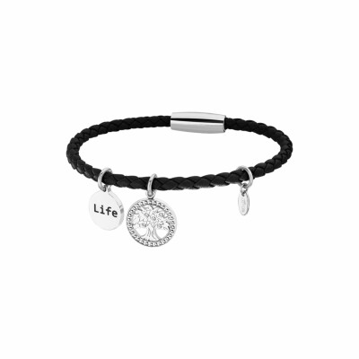 Bracelet Lotus Style Millennial en acier, cuir tressé noir et oxydes de zirconium