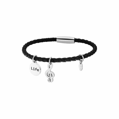 Bracelet Lotus Style Millennial en acier et cuir tressé noir