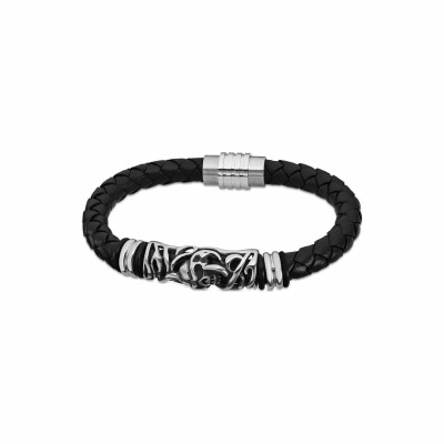 Bracelet Lotus Dark Style en acier et cuir marron