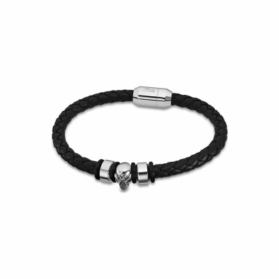 Bracelet Lotus Dark Style Crâne en acier et cuir noir