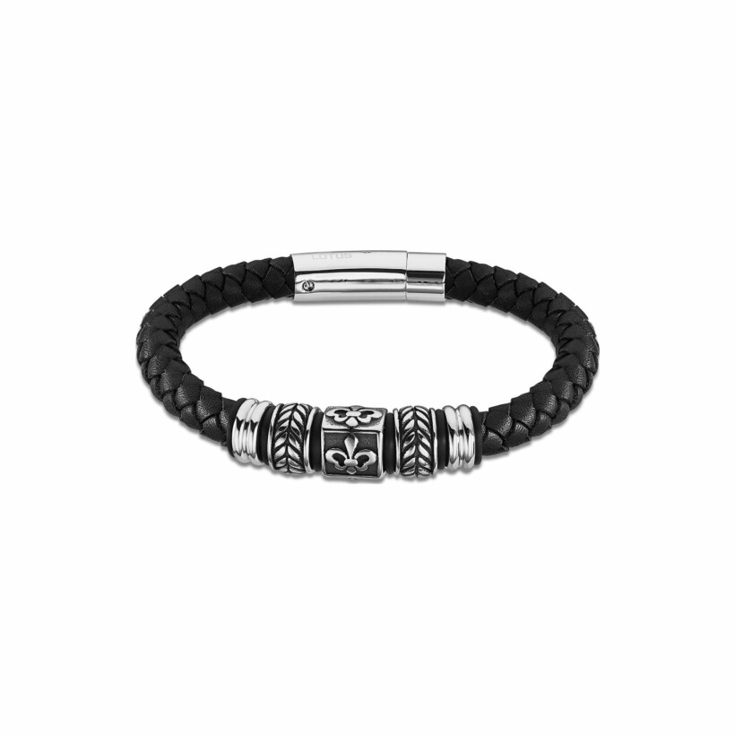 Bracelet Lotus Dark Style en acier et cuir noir