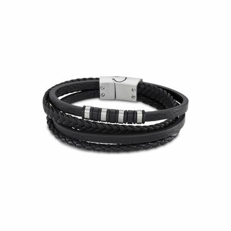 Bracelet Lotus Urban Man en multi rangs, acier et cuir noir