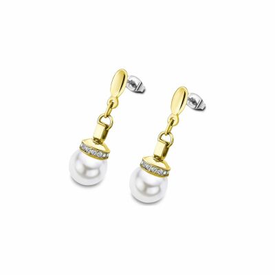 Boucles d'oreilles Lotus Style Historique en métal doré, perle et oxydes de zirconium