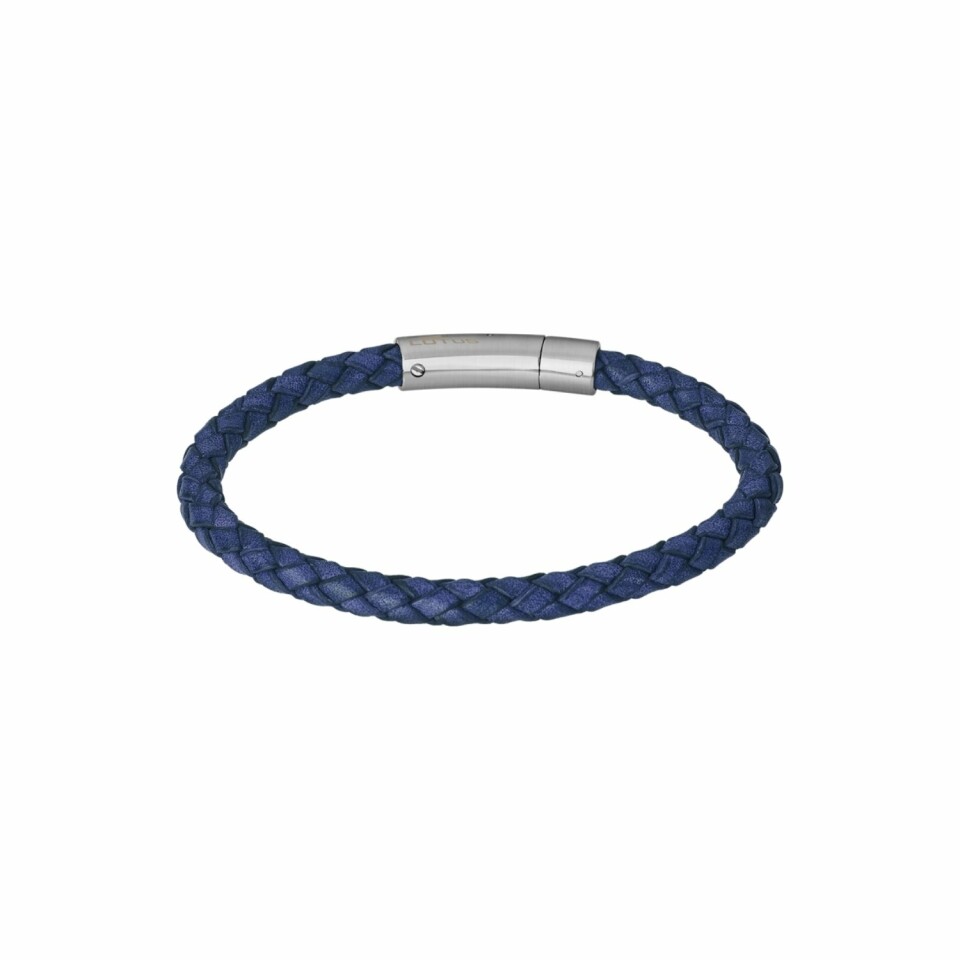 Bracelet Lotus Style Men Basic en acier et cuir tressé bleu