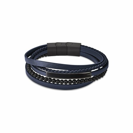 Bracelet Lotus Urban Man en acier et cuir bleu