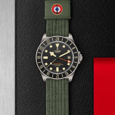 TUDOR Pelagos FXD GMT watch, 42mm titanium case, green fabric strap