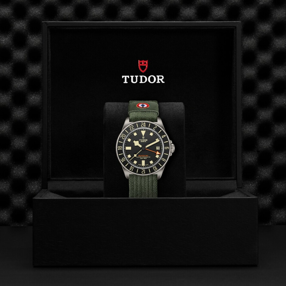 TUDOR Pelagos FXD GMT watch, 42mm titanium case, green fabric strap