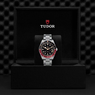 TUDOR Black Bay 58 GMT watch, 39mm steel case, black and burgundy bezel