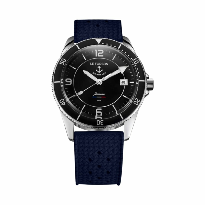 Le Forban Sécurité Mer La Malouine Black Dial Blue Bracelet watch