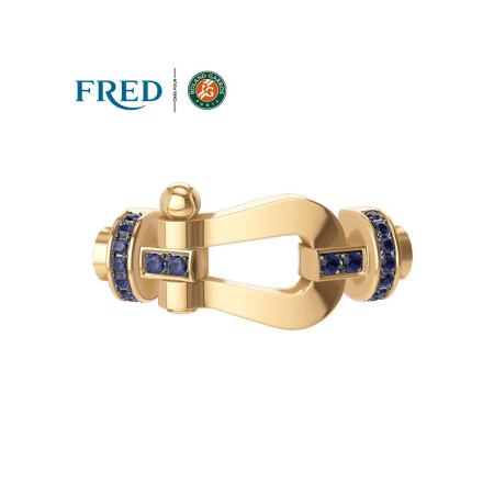 FRED Force 10 Large Size Roland Garros buckle, yellow gold, sapphires and one mandarin garnet