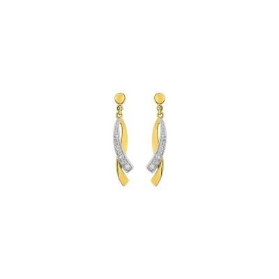 Boucles d'oreilles pendantes en or jaune, or blanc et oxydes de zirconium