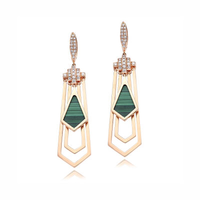 Retro Casablanca earrings, rose gold, malachites and diamonds