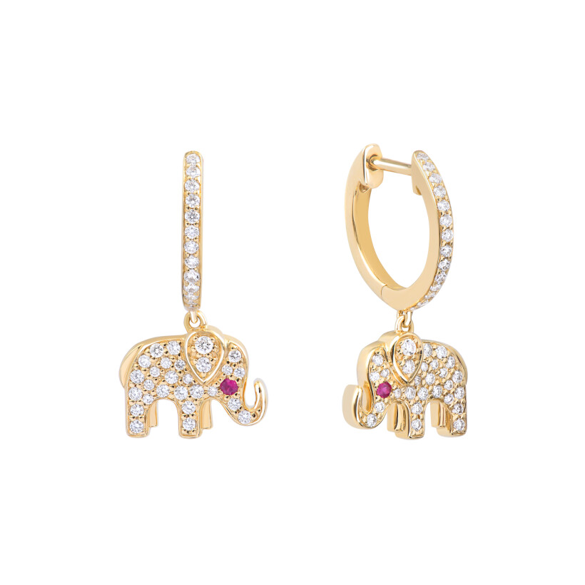 Boucles d'oreilles Baby Éléphants en or jaune, rubis et diamants