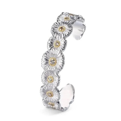 Buccellati Blossoms Daisy – Narrow Cuff Bracelet in Sterling Silver with Gold Accents and Brown Diamond