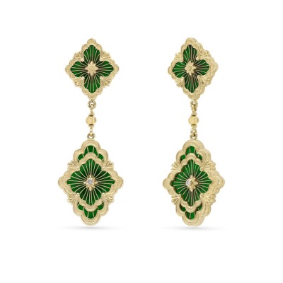 Buccellati Opera Tulle – 18k Yellow Gold Dangling Earrings with Green Enamel and Diamonds