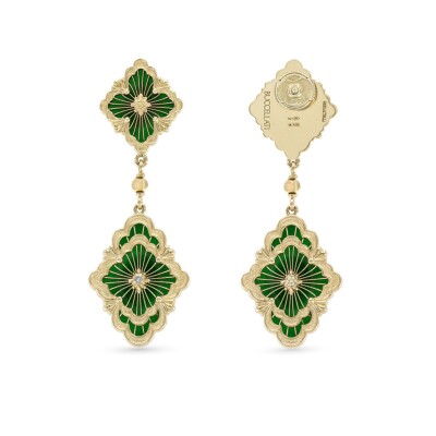 Buccellati Opera Tulle – 18k Yellow Gold Dangling Earrings with Green Enamel and Diamonds