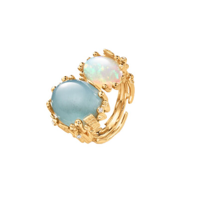 Ole Lynggaard Copenhagen – BoHo Double Ring in 18k Yellow Gold with Aquamarine, Opal and Diamonds