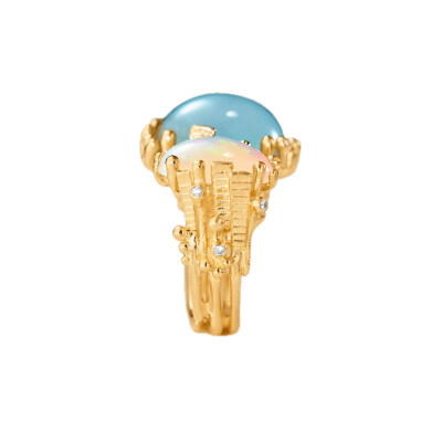 Ole Lynggaard Copenhagen – BoHo Double Ring in 18k Yellow Gold with Aquamarine, Opal and Diamonds