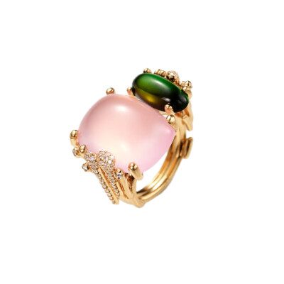Ole Lynggaard Copenhagen – BoHo Double Ring in 18k Yellow Gold with Rose Quartz, Green Tourmaline and Pavé Diamonds