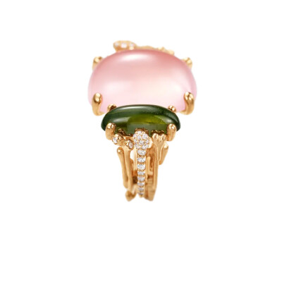 Ole Lynggaard Copenhagen – BoHo Double Ring in 18k Yellow Gold with Rose Quartz, Green Tourmaline and Pavé Diamonds