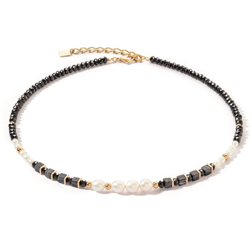 Collier Coeur de Lion en acier doré, perle d'eau douce, onyx strié et verre taillé