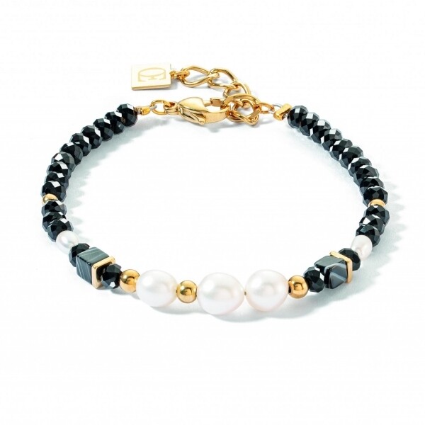 Bracelet Coeur de Lion en acier doré, perle d'eau douce, onyx strié et verre taillé