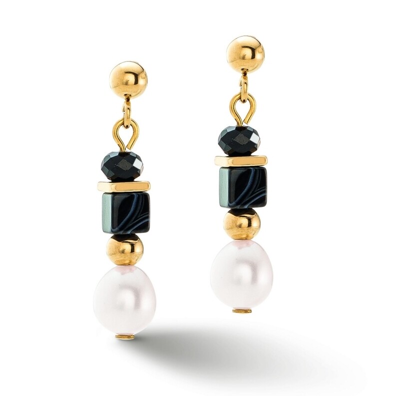 Boucles d'oreilles Coeur de Lion en acier doré, perle d'eau douce, onyx strié et verre taillé