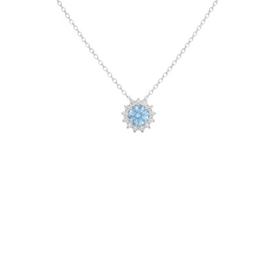Pendentif Colette en or blanc, zircon bleu de 1.17ct et 12 diamants ronds brillants de 0.28ct