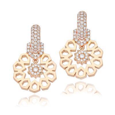 Boucles d'oreilles pendantes Zellij en or rose et diamants