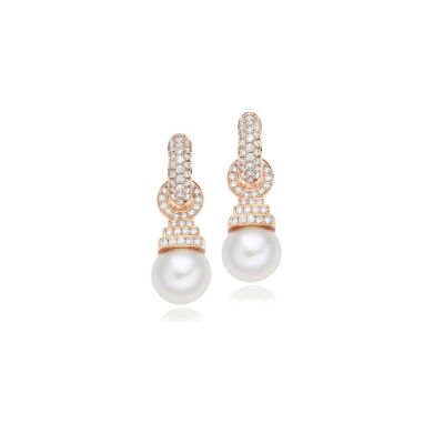 Boucles d'oreilles Retro Casablanca en or rose, diamants et perles de culture