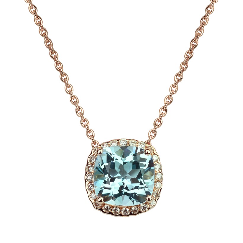 Collier Isabelle Langlois or rose, Topaze Bleue 1,62 carats entourage diamants pour 0.09 carat