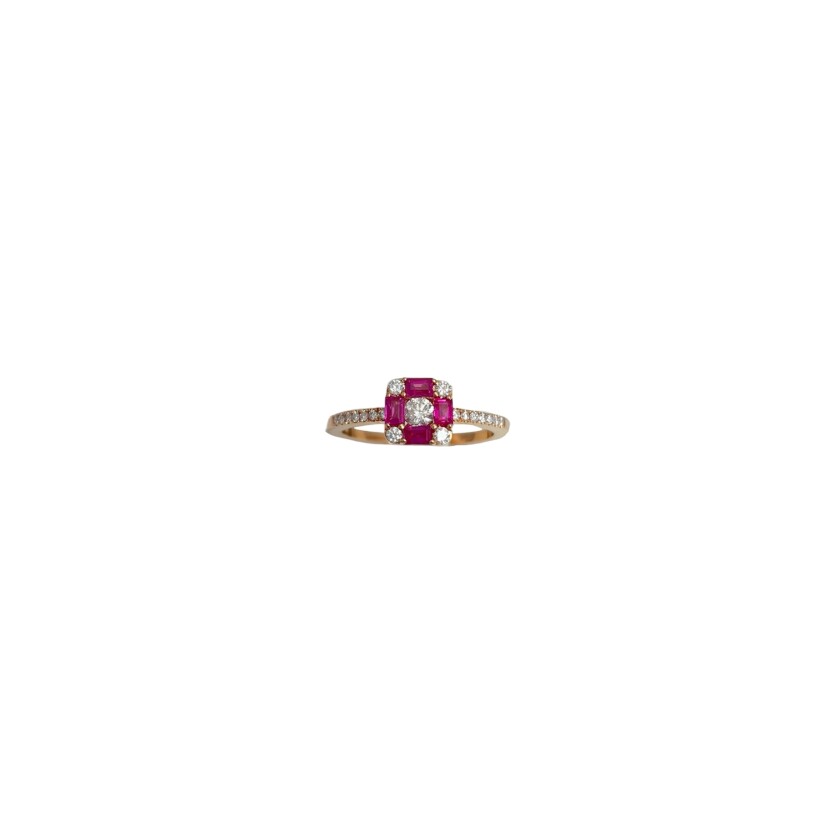 Bague or rose petit damier rubis et diamants