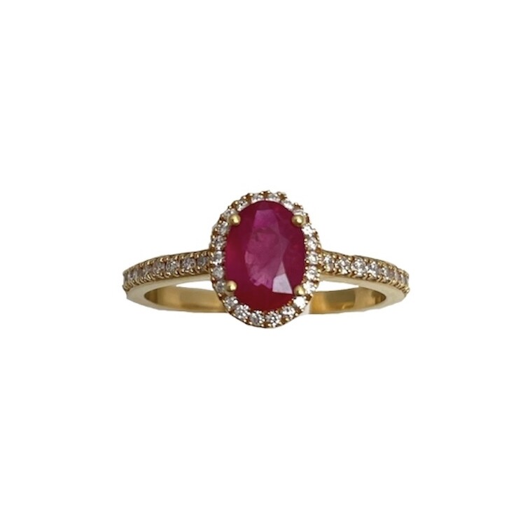 Bague or jaune rubis entourage diamants