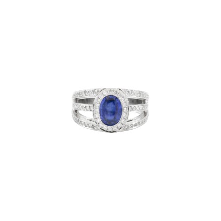 Bague en or blanc saphir bleu et diamants