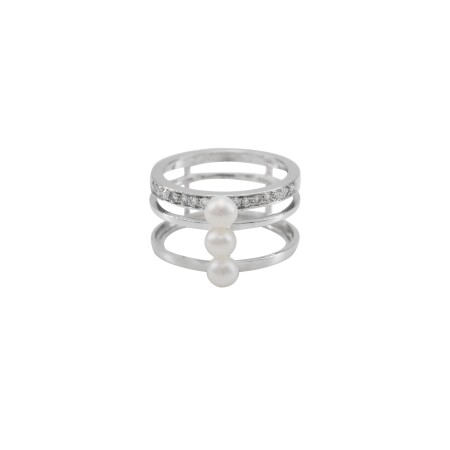 Bague Trilogie en or blanc, perle eau douce 4/4.5 mm et diamants