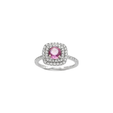 Bague en or blanc, saphir rose rond et diamants