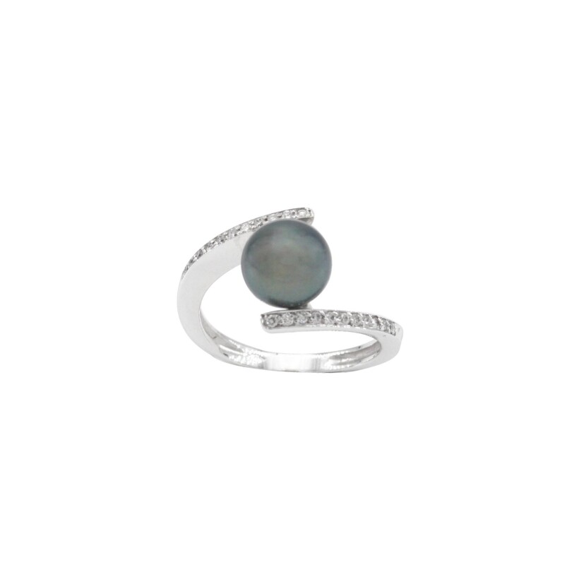 Bague en or blanc, perle de culture de Tahiti 7.5/8 mm et diamants