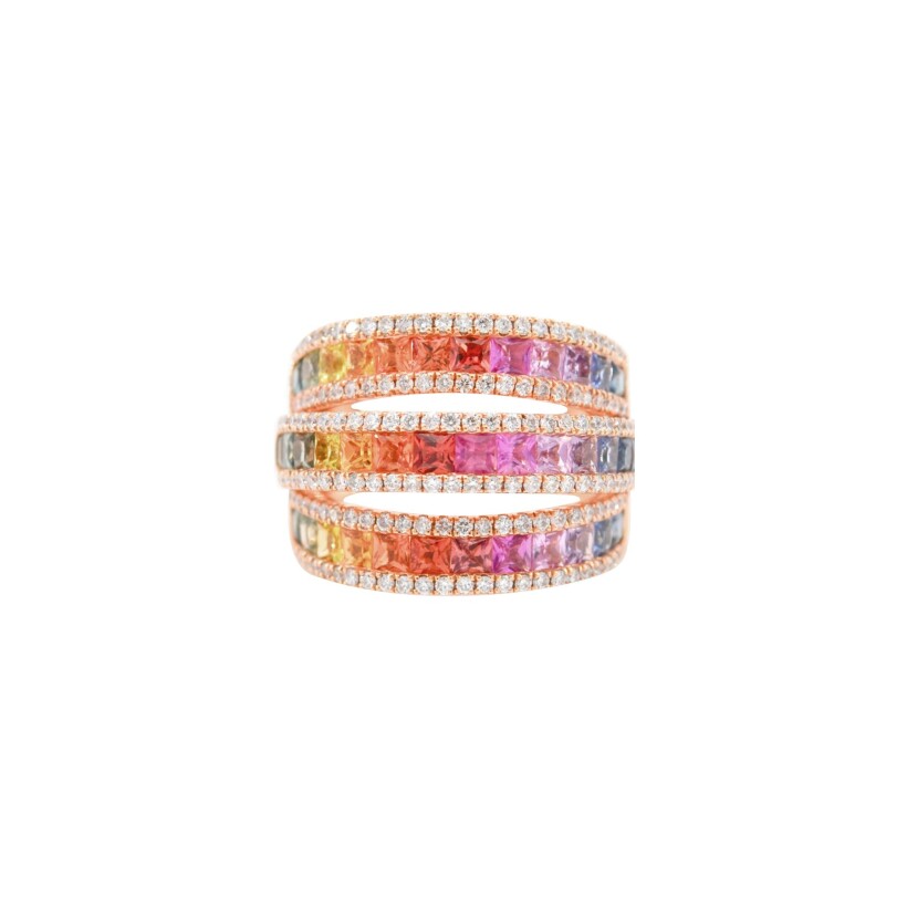 Bague en or rose, saphirs multicolores et diamants