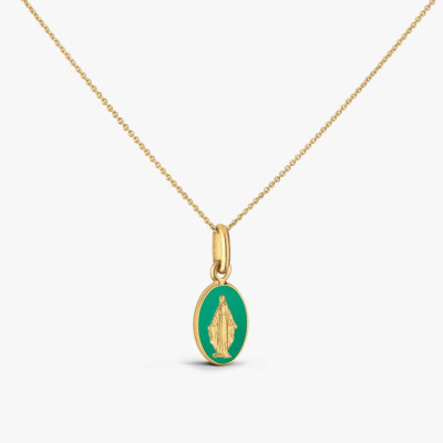Médaille Arthus Bertrand Vierge Miraculeuse en or jaune, laqué vert émeraude, 10mm