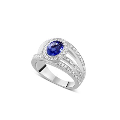 Bague en or blanc saphir bleu et diamants