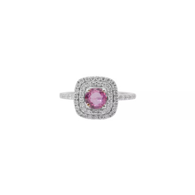 Bague en or blanc, saphir rose rond et diamants
