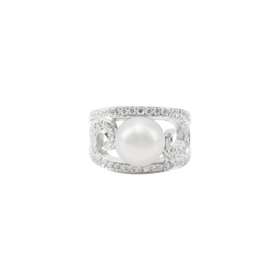 Bague en or blanc, perle de culture des Mers du Sud 10 - 10,5 mm et pavage diamants