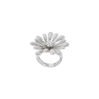 Bague Fleur, corps de bague écorce en or blanc et pavage diamants