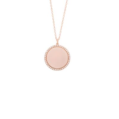 Collier en or rose motif rond entourage diamants