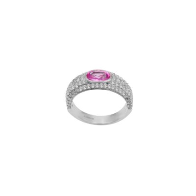 Bague en or blanc, saphir rose et pavage diamants