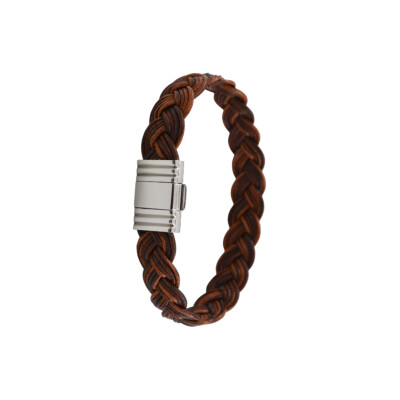 Bracelet en acier et cuir marron tressé Albanu