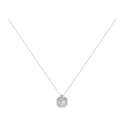 Collier Art Déco en or blanc, diamant Asscher et entourage diamants