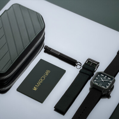 Montre March LA.B Automatique 39 MM - Mars 2026 - Carbone - Jacquard Tissé en France Julien Faure Noir et Vert