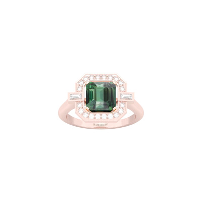 Bague Art Déco en or rose, saphir vert et diamants