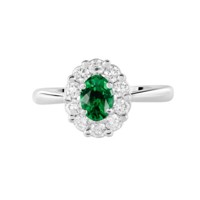 Bague 1897 en or blanc, émeraude et entourage diamants